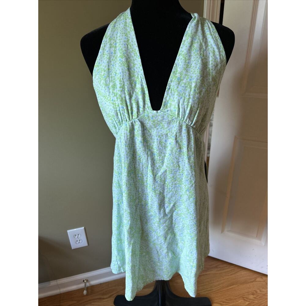 BP Nordstrom NWT $45 Linen Blend Halter Dress Floral Blue Green Backless sz M